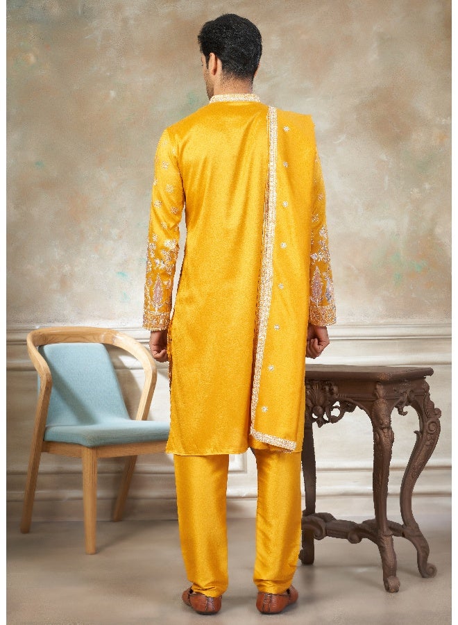 OUTLUK Yellow Embroidered Kurta and Pajama for Men - Image 2